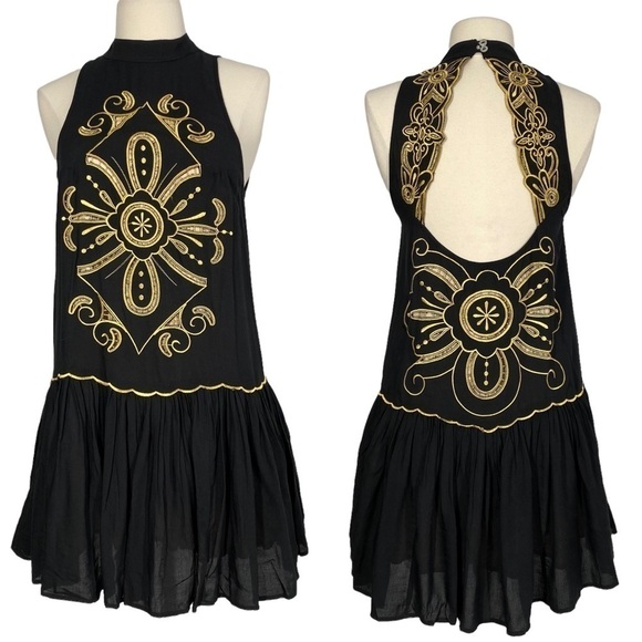 MORRISDAY Black & Gold High Neck Drop Waist Dress Small - Picture 1 of 10